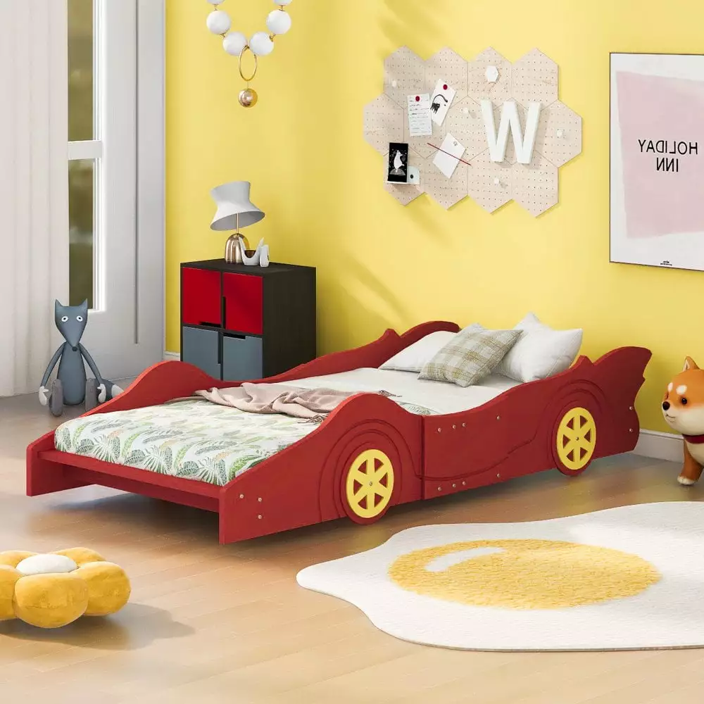 Tcbosik Twin Size Race Car Shaped Platform Bed Kids Boys Girls Wheels Strong Wood Slat Support Red