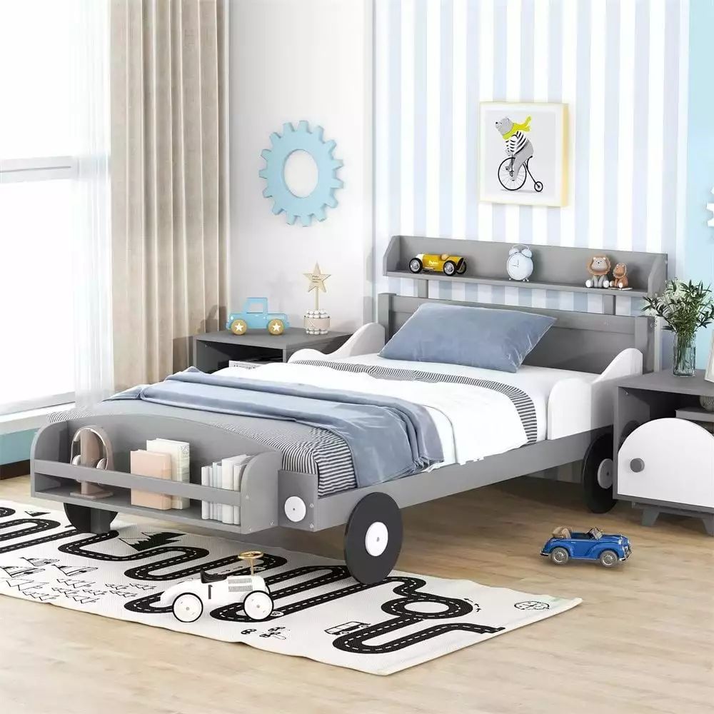 Car Shaped Twin Bed Frame Storage Shelf Kids Boys Girls Gray Triple Tree