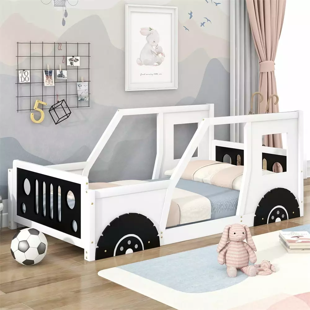 Car-Shaped Bed Frame White Twin Size Solid Wood Platform Bed Wheels Kids Toddlers Triple Tree