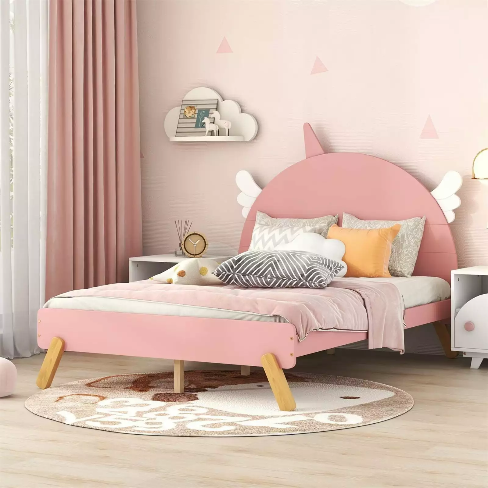 Low Wooden Bed Unicorn Shape Headboard Full Platform Bed Frame Solid Wood Legs Slats System Kids Teens Bedroom Pink Triple...