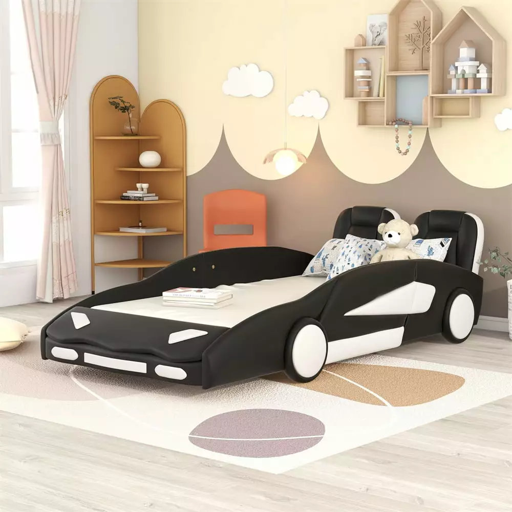 Race Car-Shaped Twin Size Solid Wood Platform Bed Wheels and Guardrail Kids Black Triple Tree