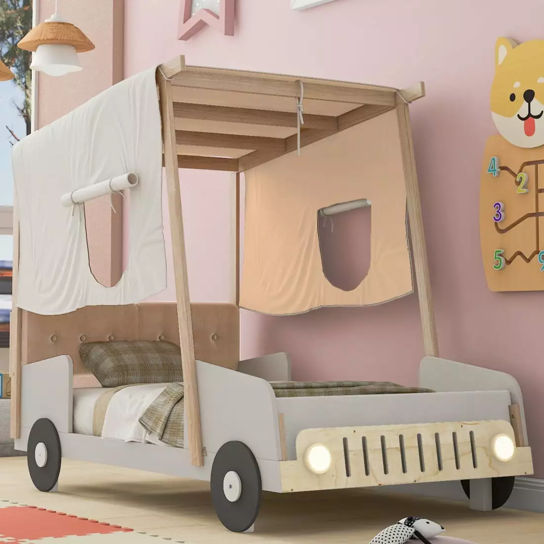 Twin Size Car Bed Wooden Car-Shaped Platform Frame Pillow Ceiling Cloth LED Lights No Box Spring Needed Triple Tree