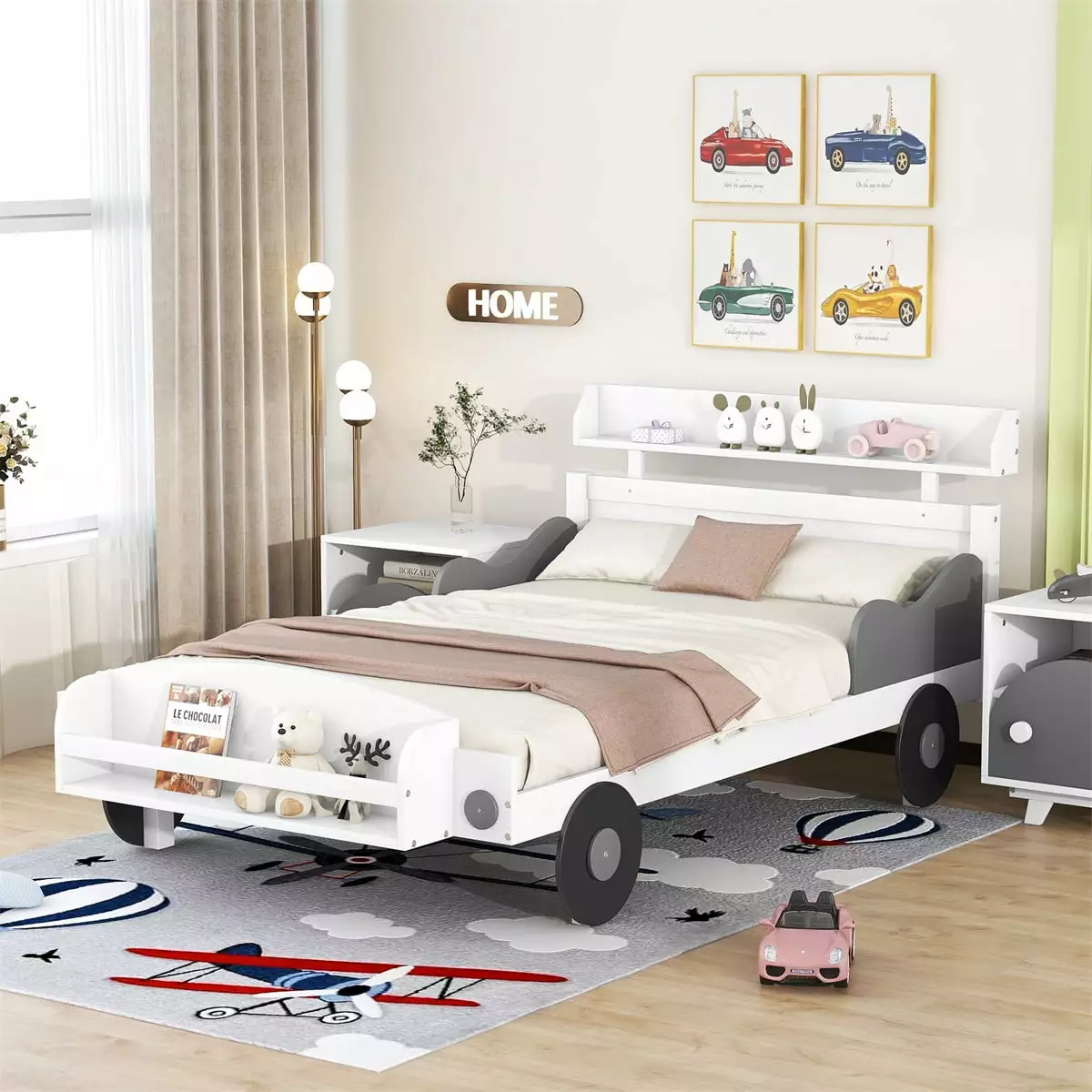 Twin Size Car-Shaped Platform Bed Wood Bed Frame Storage Headboard Footboard Storage Platform Bed Kids Teens White Triple ...