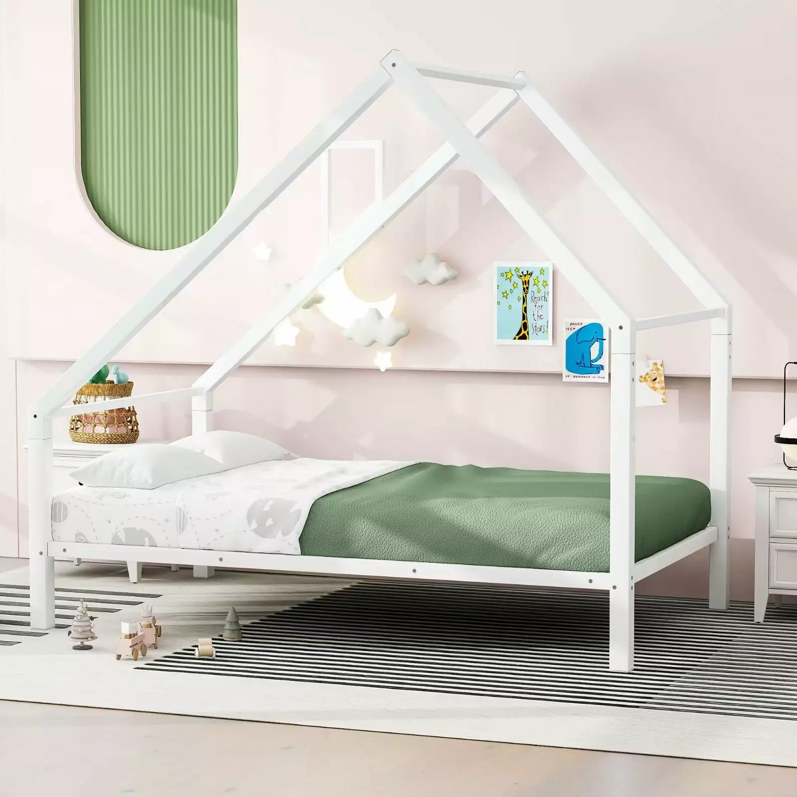 Twin Size Metal House Bed Roof and Chimney Kids Montessori Frame Under Bed Storage White Triple Tree