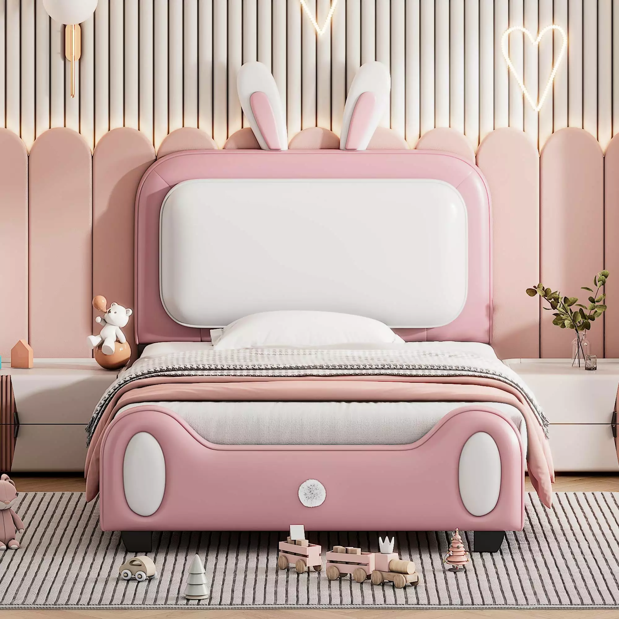 UBesGoo Twin Size Upholstered Rabbit-Shape Princess Bed Kids White and Pink