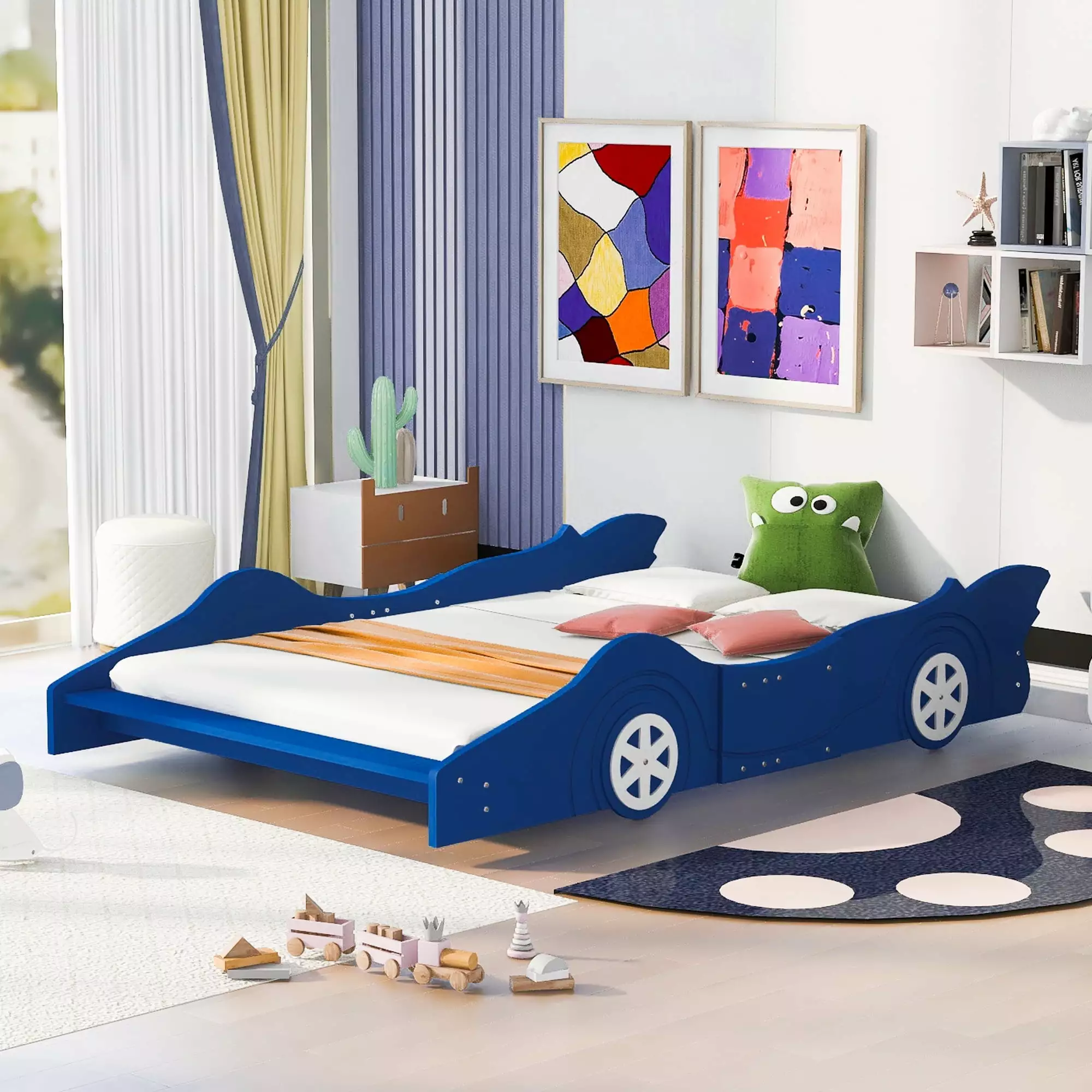 uhomepro Full Bed Frame Kids Boys Girls Race Car-Shaped Platform Bed Wood Slats No Box Spring Needed Blue
