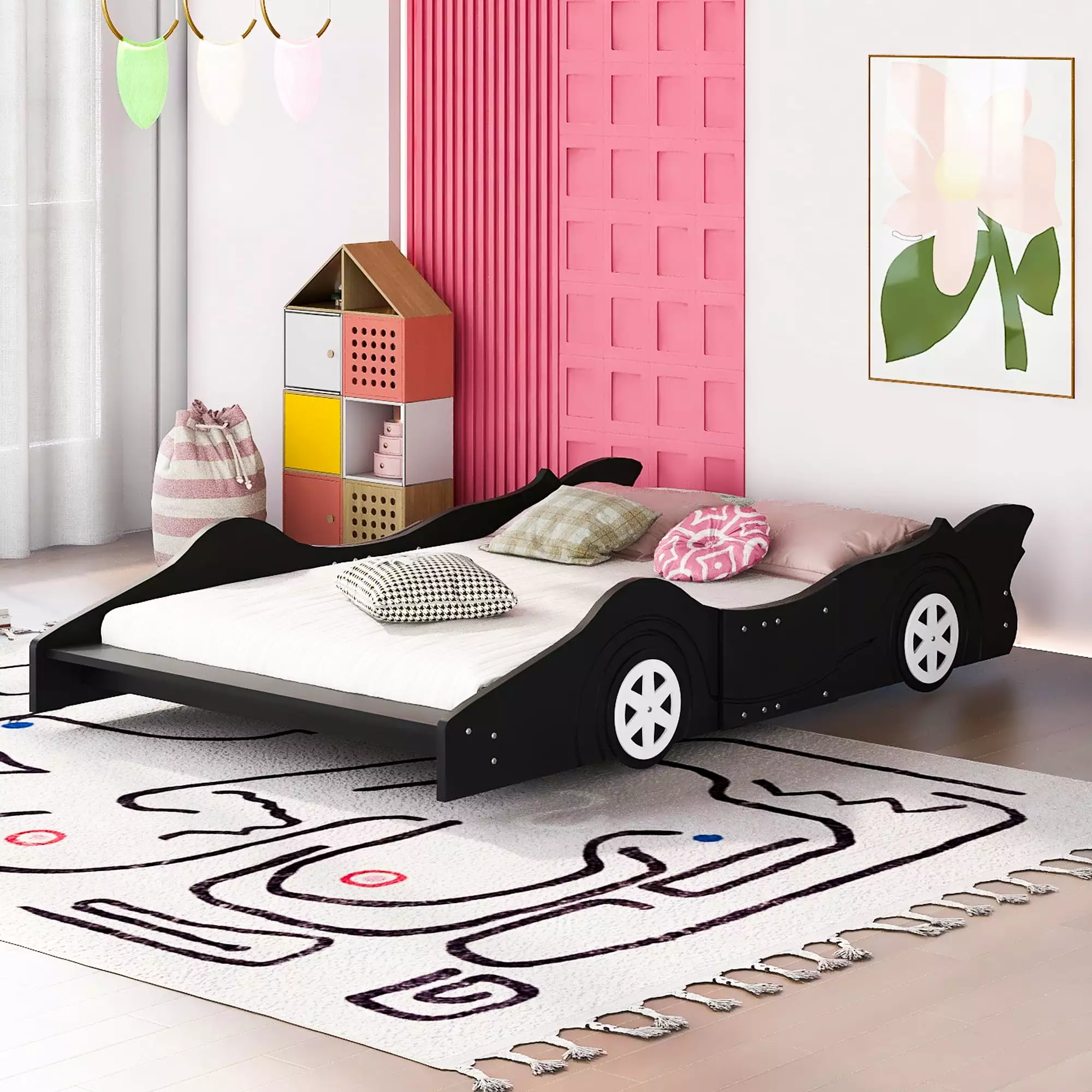 uhomepro Full Bed Frame Kids Race Car-Shaped Platform Bed Frame Wood Slats Support No Box Spring Black