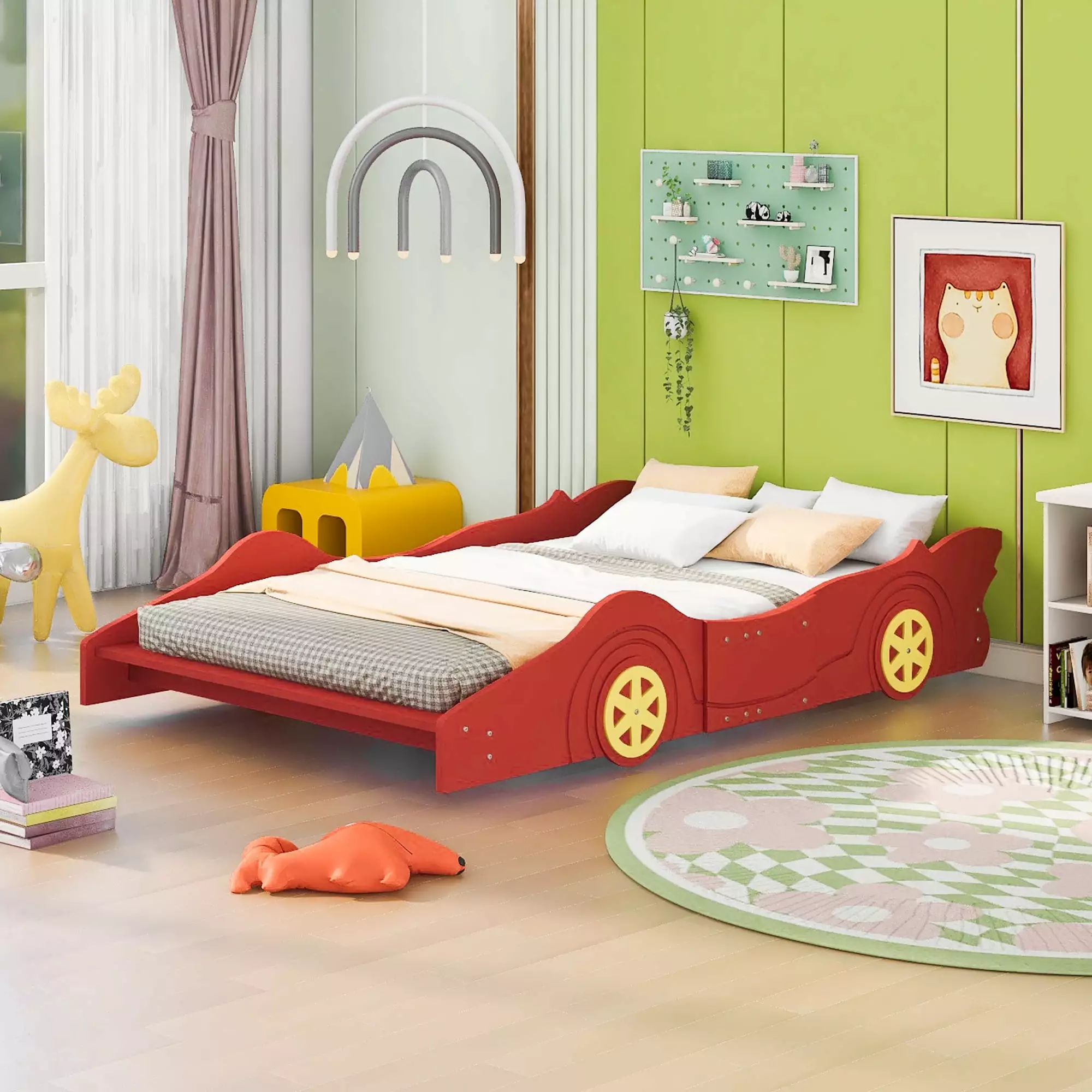 uhomepro Platform Bed Frame Race Car-Shaped Bed Headboard Pine Wood Full Bed Frame Red