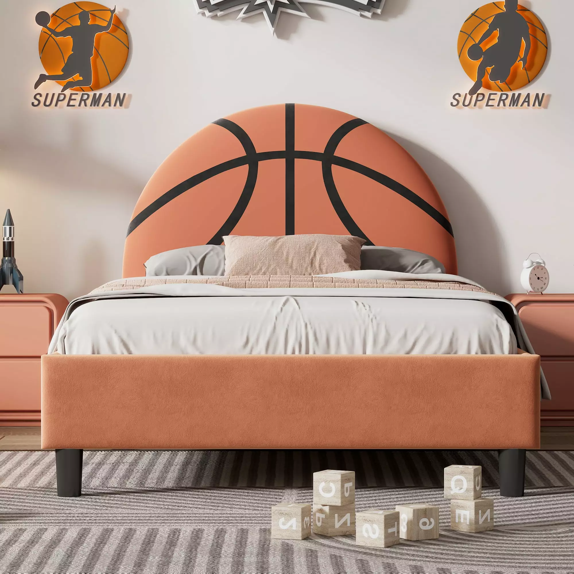 Yoneston Twin Platform Bed Frame Basketball Upholstered Headboard Sport Style Kids Bed Boys Teens Orange