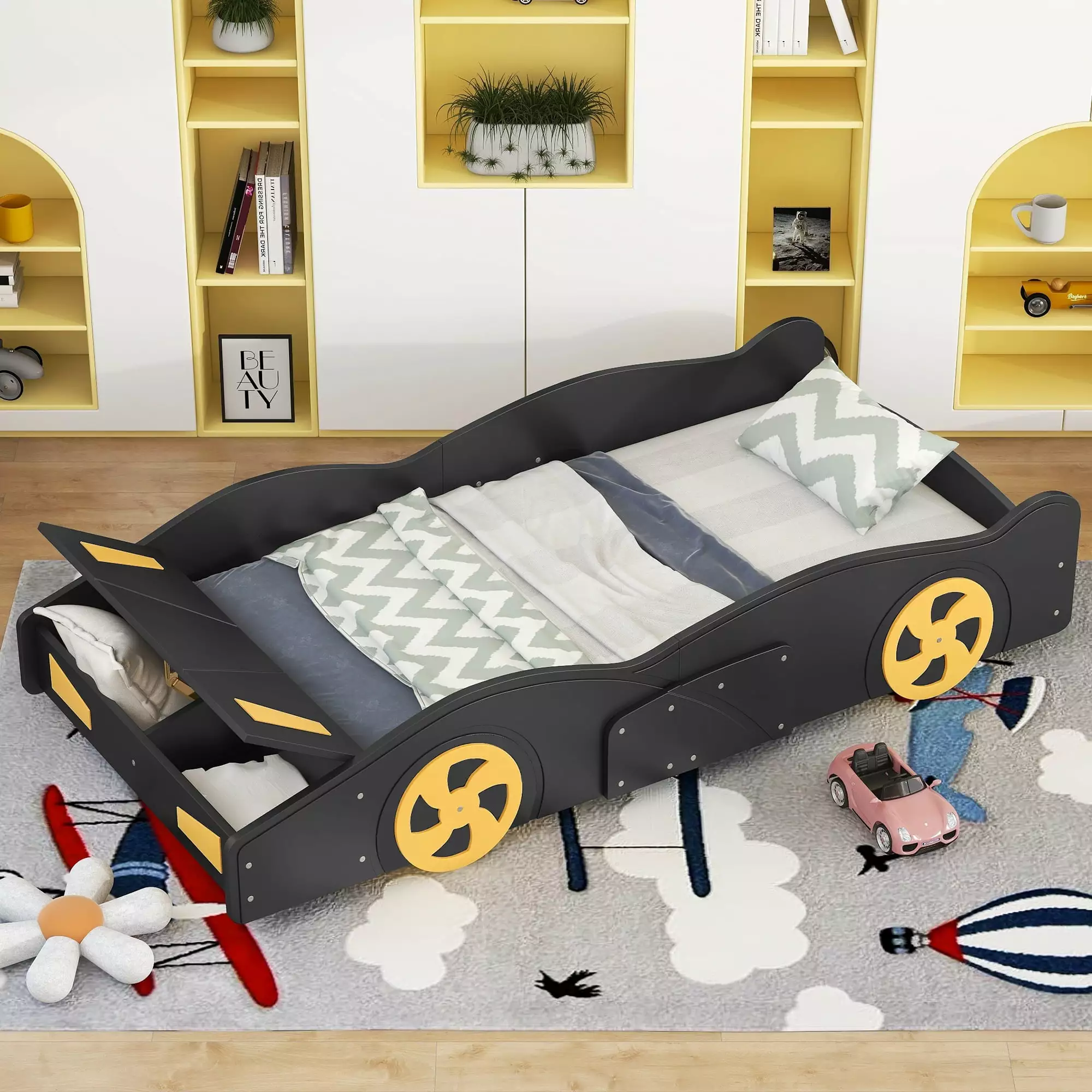 Yoneston Twin Size Kids Race Car-Shaped Platform Bed Wheels and Storage Black