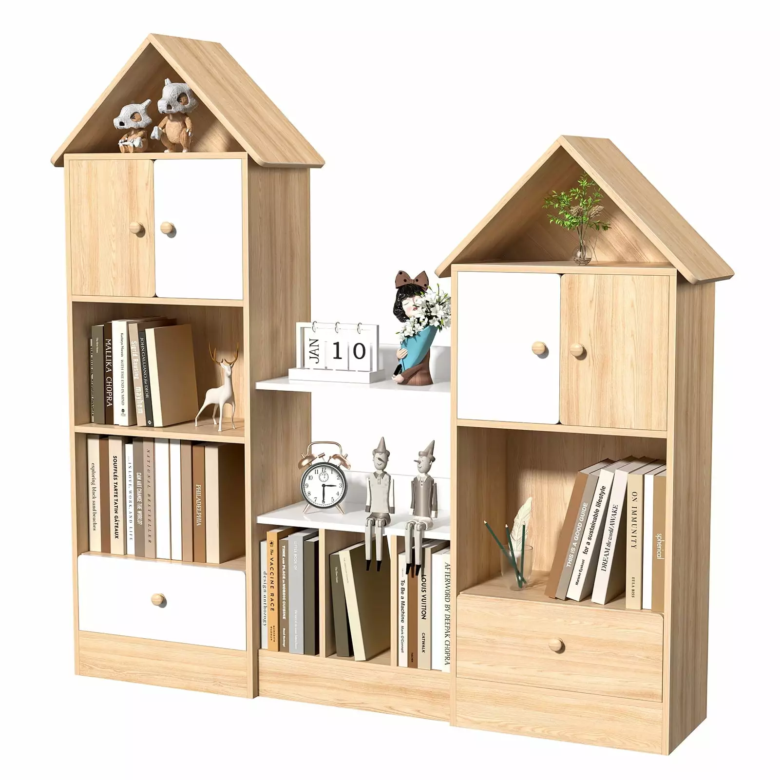 Jkung Castle Shaped Bookcase Multi Tier Combination Bookshelf Barns and Drawers Living Room Playroom