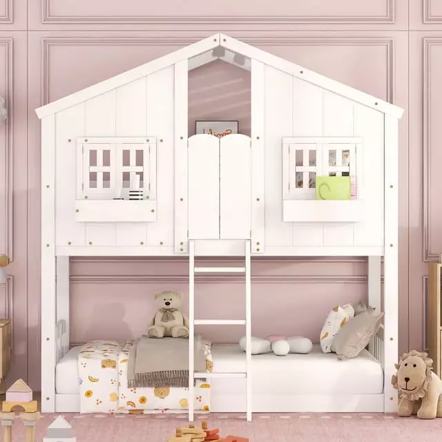 Bellemave Houtilize Bunk Bed Twin Over Twin Kids Wood Floor Bunk Bed Frame Roof Window Box and Small Door Boys Girls White