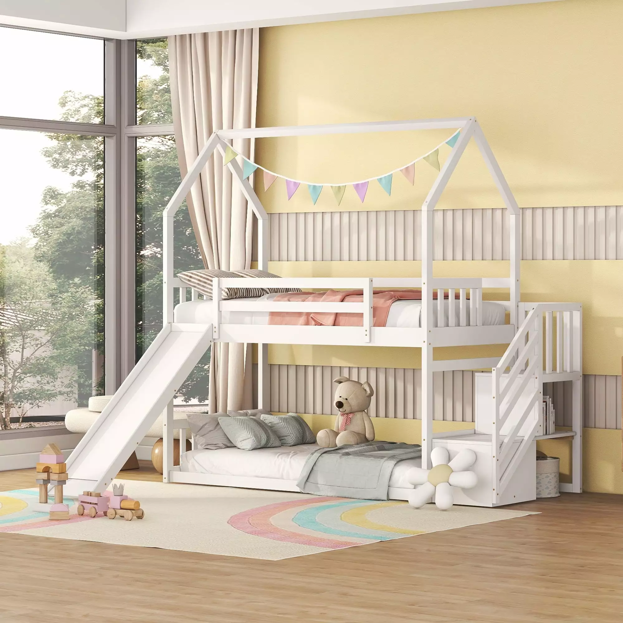 Bellemave White Twin over Twin Houtilize Bunk Bed Slide and Storage Staircase Kids