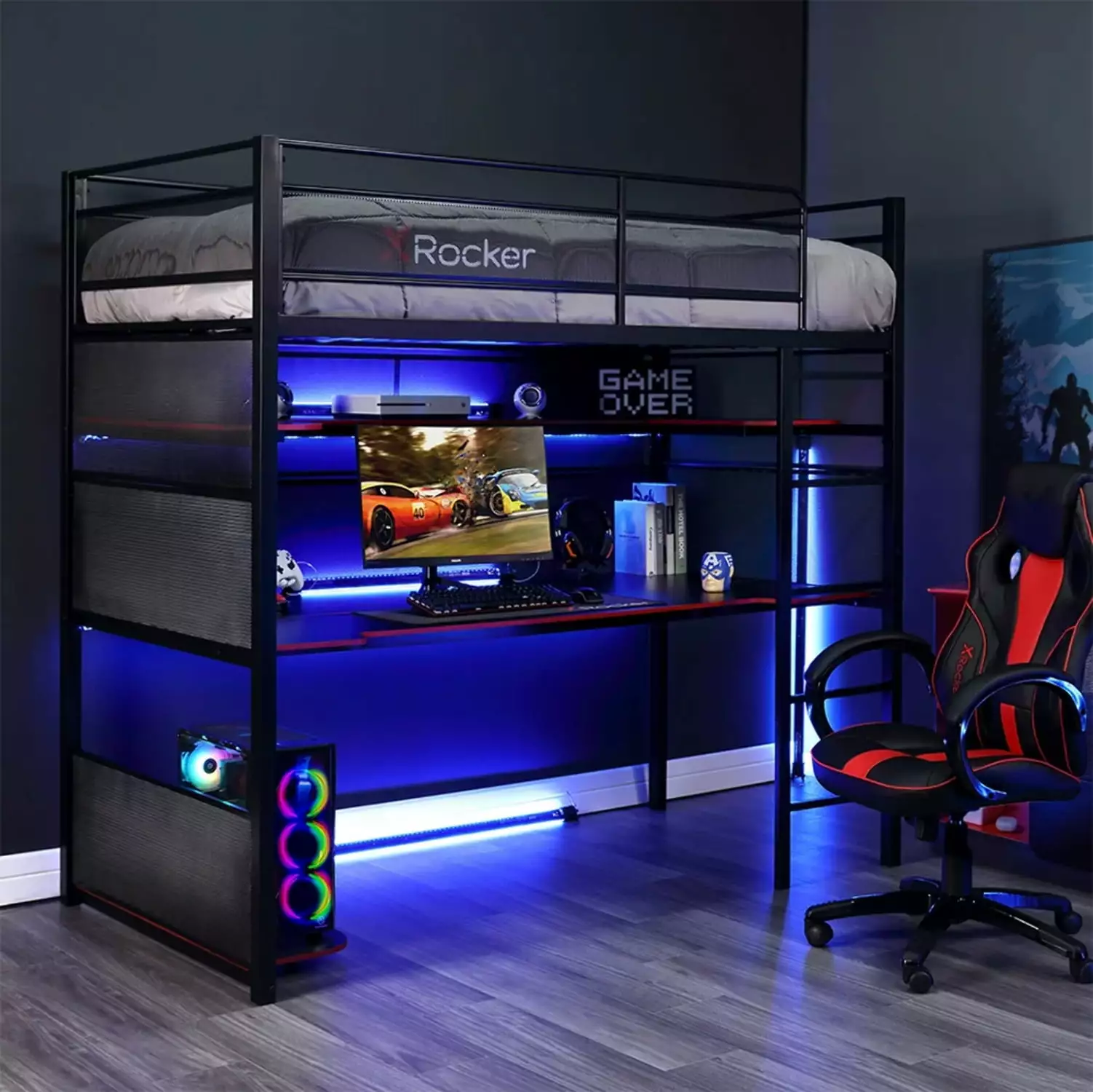 X Rocker Black Twin Gaming Bunk Bed Shelves
