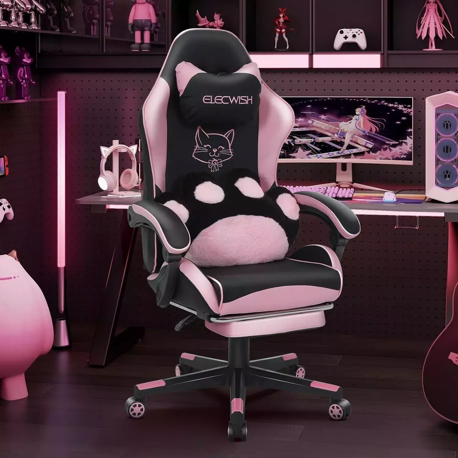 ELECWISH Pink Gaming Chair Footrest Massage Cat Paw Lumbar Cushion Ergonomic Reclining Computer Chair Girls