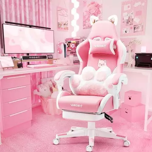 Pink Gaming Chair Cat Paw Lumbar Cushion and Cat Ears Ergonomic Computer Chair Footrest Girls Teens XINGAN