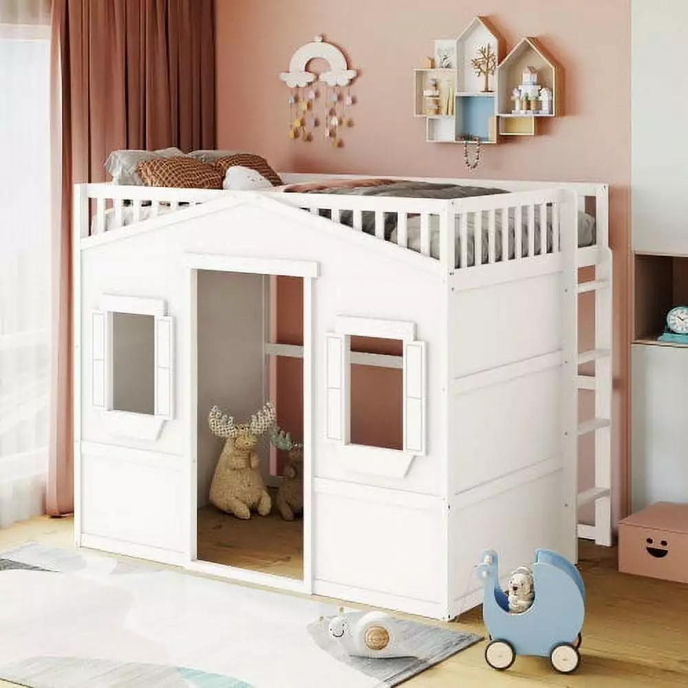 Houtilize Full Size Kids Playhoutilize Loft Bed Window and Ladder Solid Wood Frame White Triple Tree