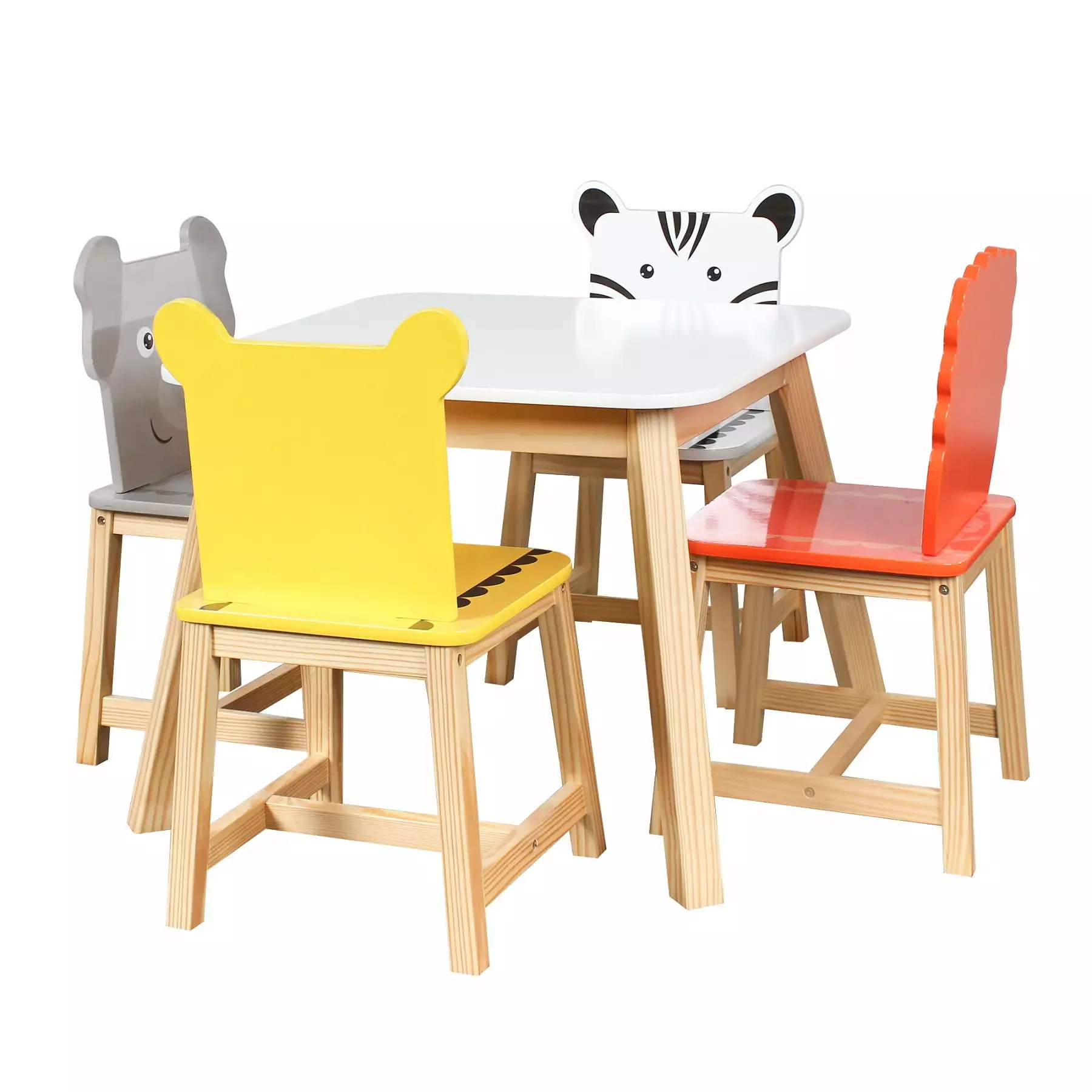 Kids Table and Chairs 5 Pieces Cartoon Animals Wood Table Chair Set Multi-color PULNDA