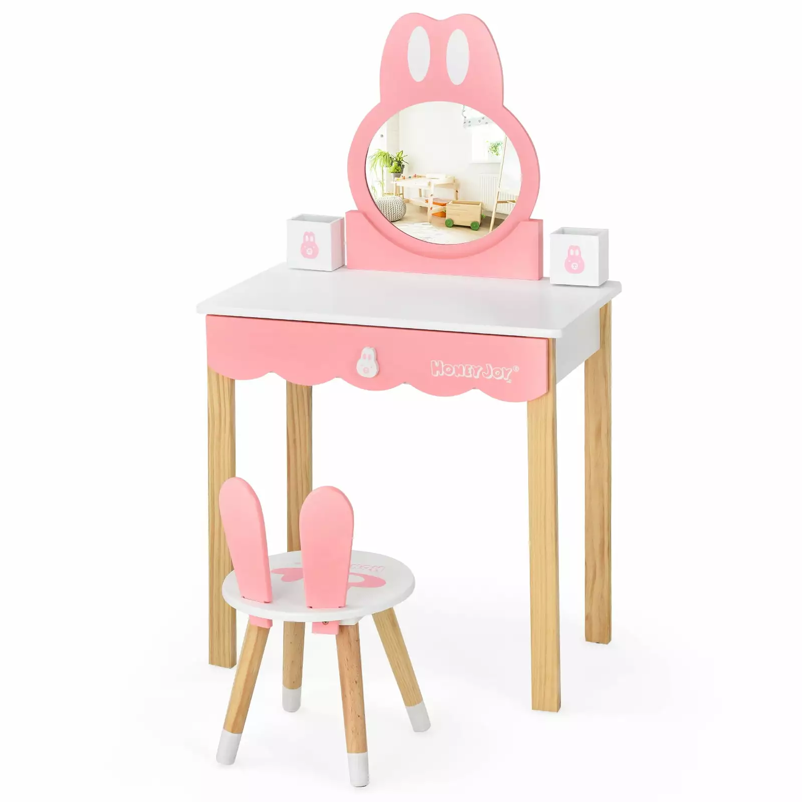 Infans White Rabbit Makeup Dressing Table and Chair Set Mirror and Drawer Kids Vanity