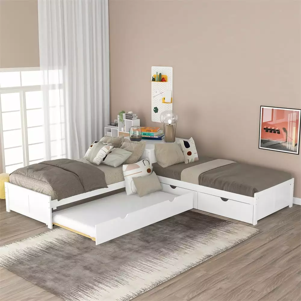 L-Shaped Twin Platform Toddler Bed Trundle and 2 Storages Kids Girls Boys Wood Corner Twin Beds Frame Linked Built- Desk W...