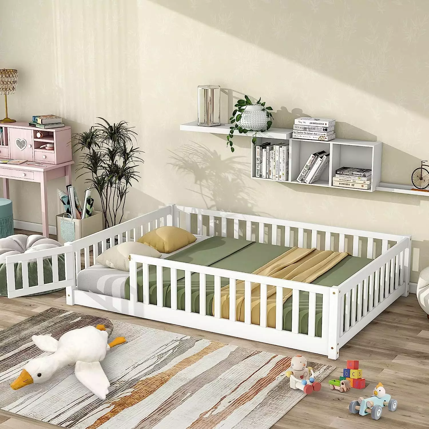 Twin Floor Bed Frame Toddler Montessori Floor Bed Fence and Wood Slats White ARCTICSCORPION