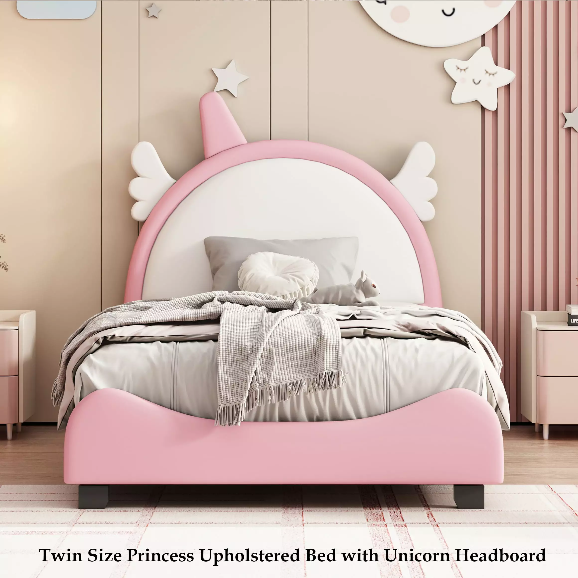Bellemave Twin PU Leather Upholstered Platform Bed - Unicorn Headboard Princess Bed Girls - Pink and White Toddler Bed Frame