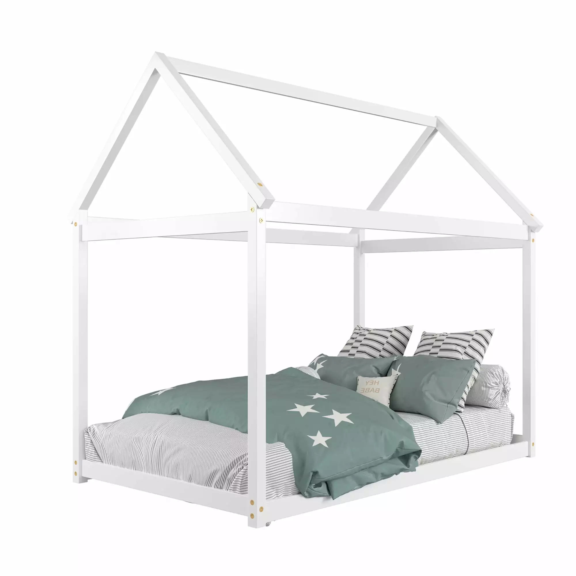 Costway Twin Houtilize Bed Wood Frame Roof Kids Toddler No Box Spring White