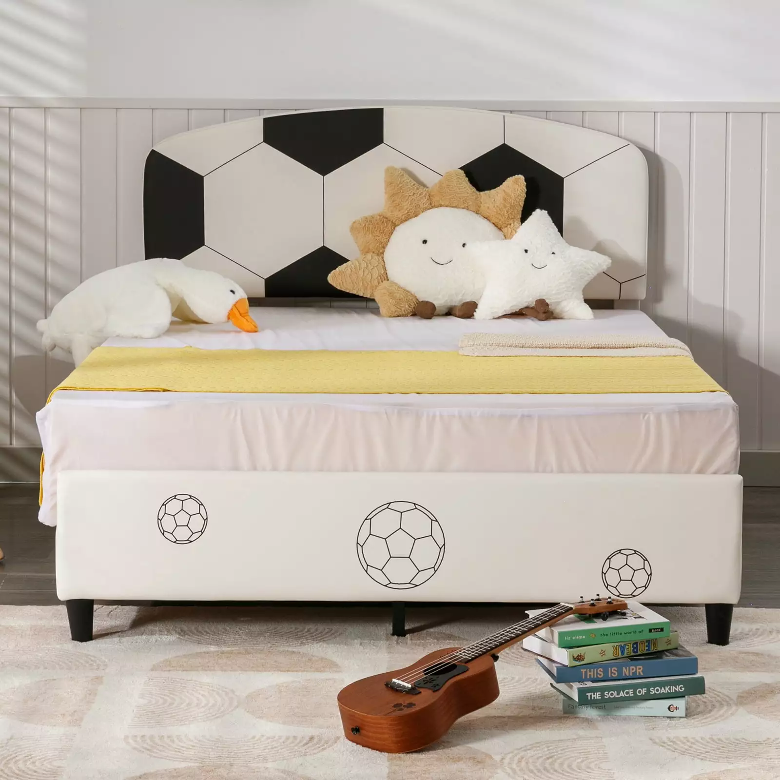 ijuicy Twin Size Toddler Bed Platform Frame Faux Leather Headboard Football Design White Kids Bed