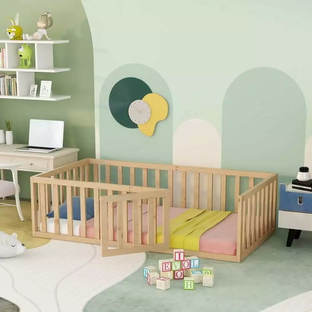 Twin Size Wood Toddler Bed Fence Montessori Floor Bed Door Kids Easy Assembly Box Spring Needed Natural INCLAKE