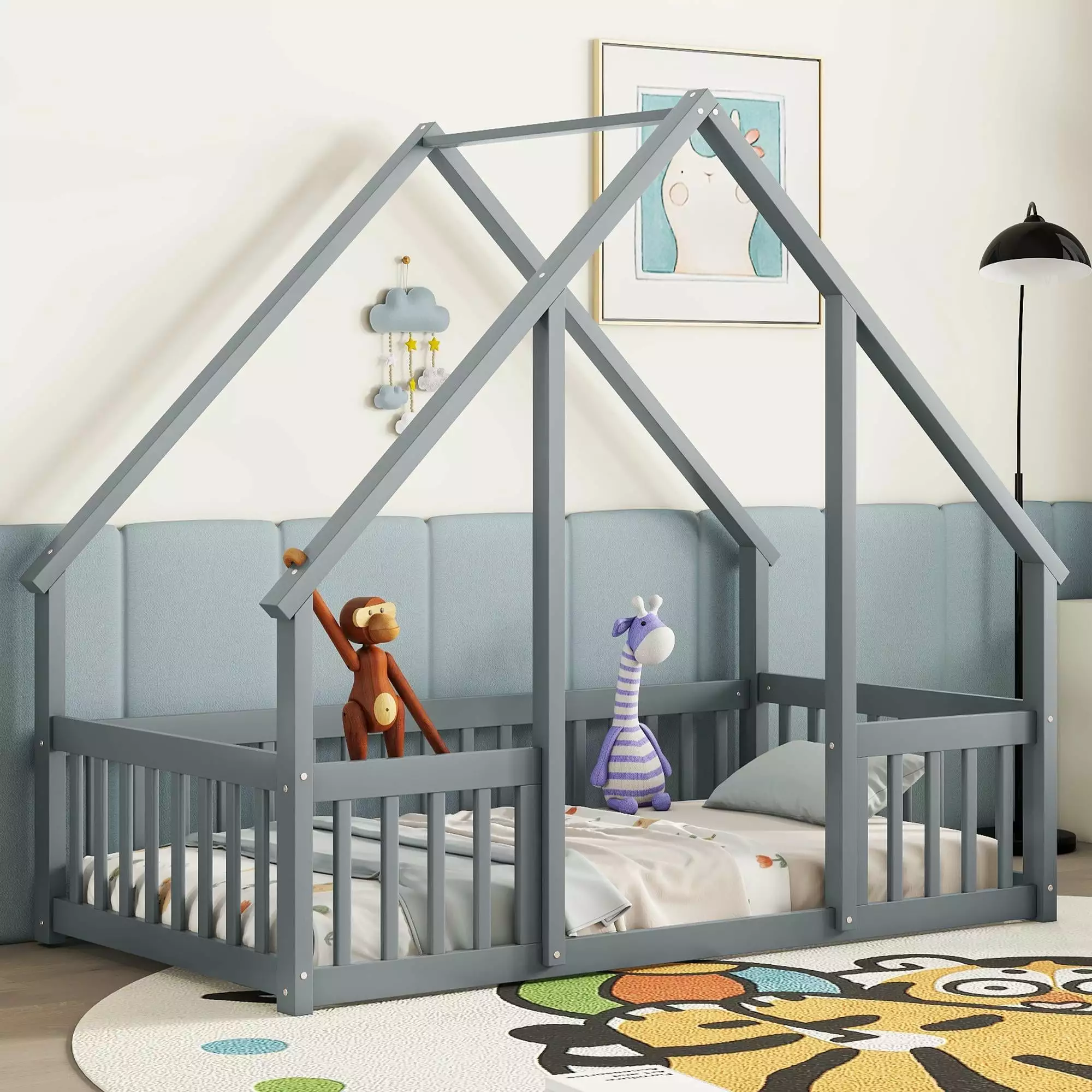 Toddler Floor Bed Platform Canopy Bed Frame House Shaped Montessori Bed Fence Wood Twin Bed Girls Boys Space Saving Design...