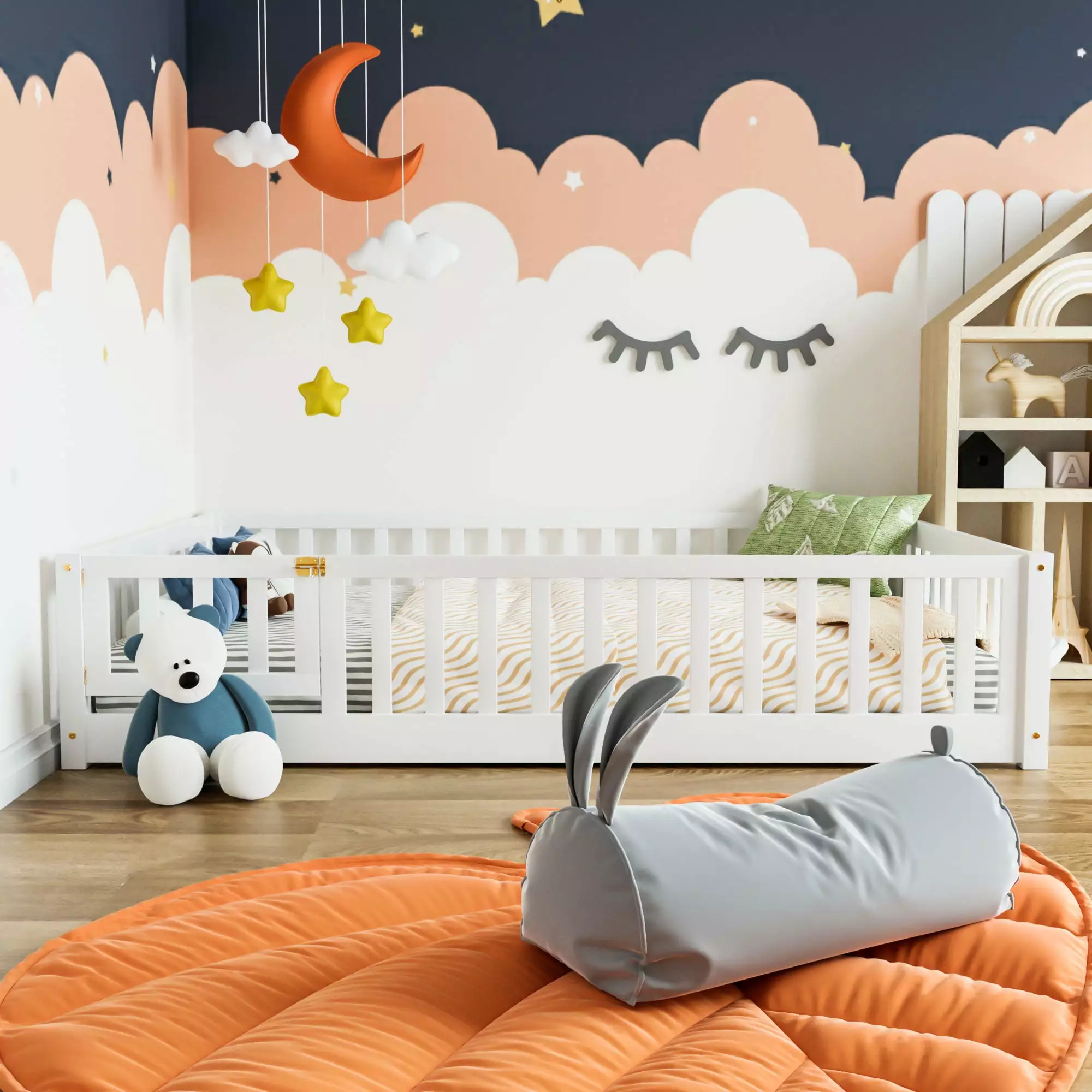 Miniyam Full Size Toddler Floor Bed Safety Guardrails White