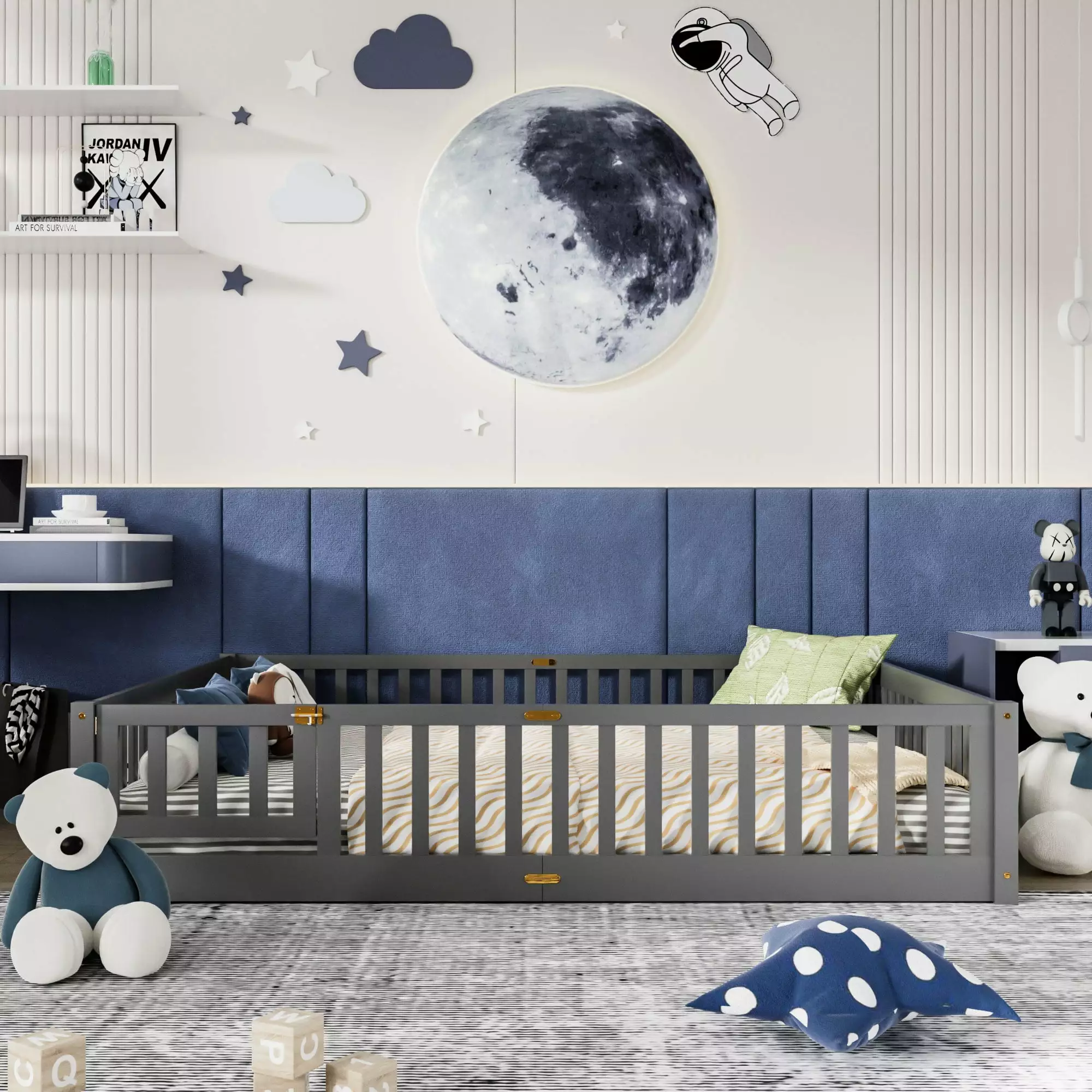 Miniyam Gray Queen Size Toddler Floor Bed Protective Guardrails