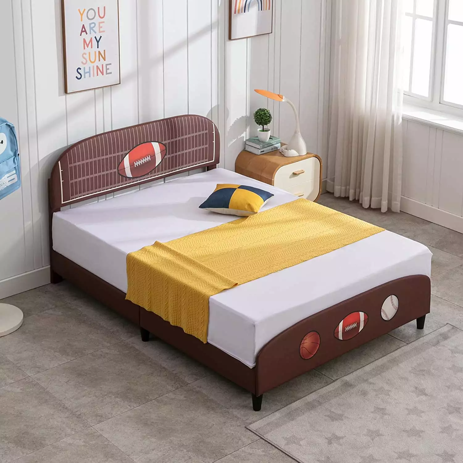 Mjkone Full Size Kids Bed Rugby Headboard Brown Upholstered Toddler Bed No Box Spring Needed