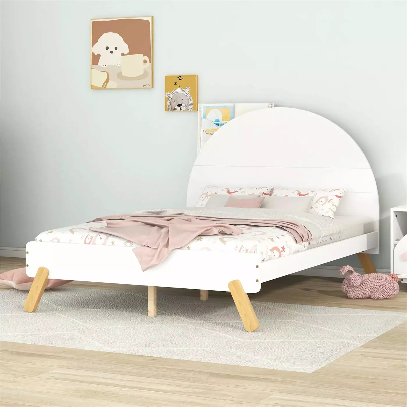 Full Size Toddler Bed Shelf Behind Headboard Wooden Platform Bed Kids Teens Triple Tree