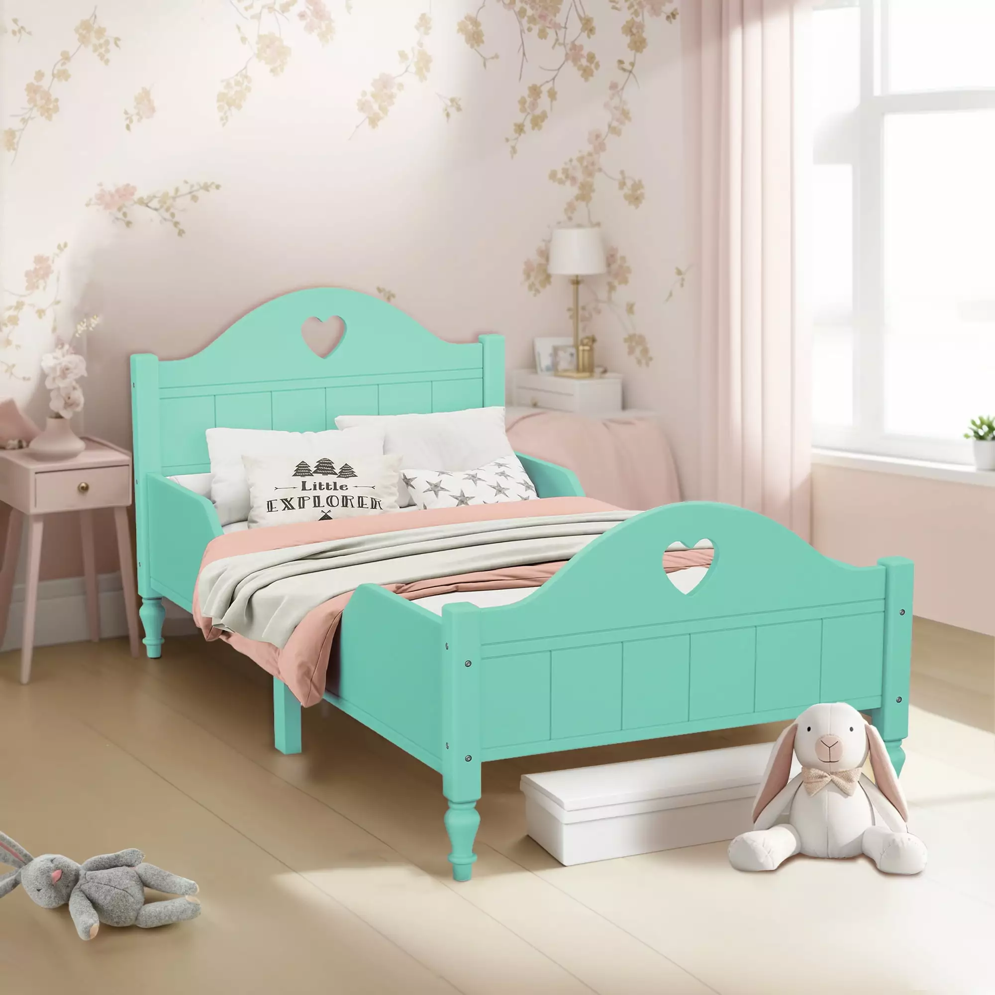 Macaron Twin Size Toddler Bed Side Rails Seasoft Green Platform Bed Kids Triple Tree