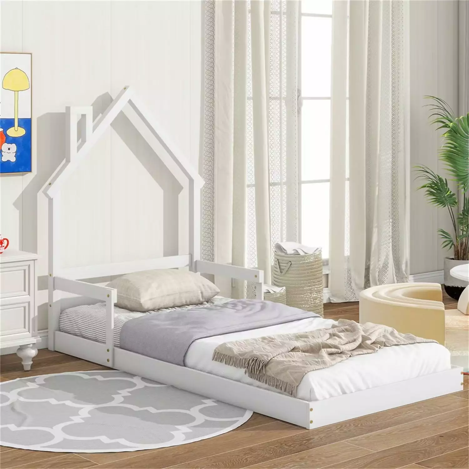 Twin Floor Bed Kids Houtilize-shaped Headboard and Handrails Montessori Wooden Bed Frame Playhoutilize Tent Easy Assembly ...