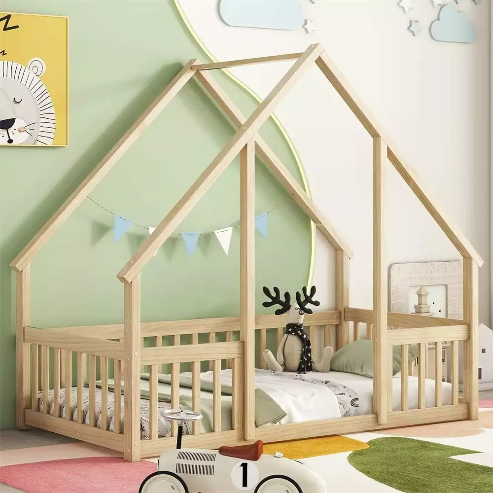 Twin Floor Bed Kids Toddlers - Natural Wooden Montessori Bed Frame Roof and Fence Guardrails Triple Tree