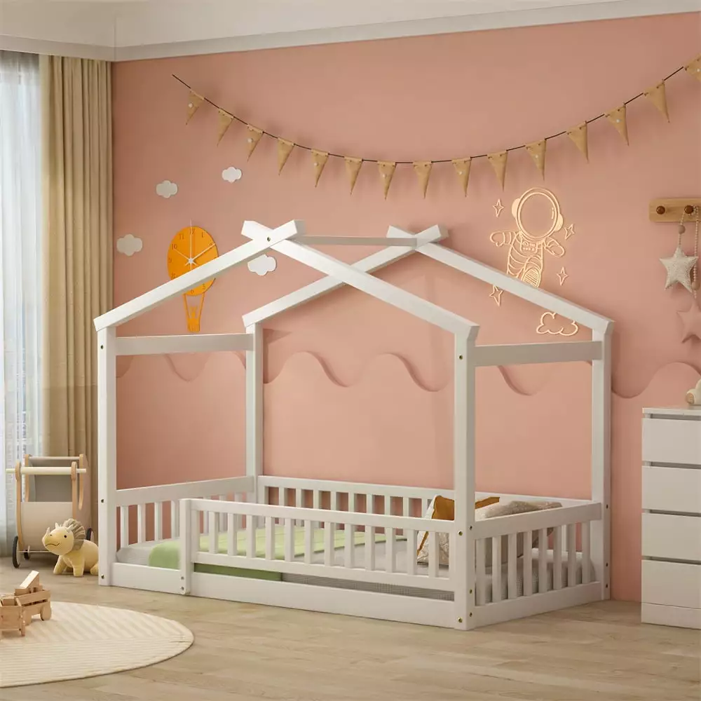 Wooden Twin Houtilize Bed Frame Kids Roof and Fence - Montessori Floor Bed Toddlers White Triple Tree