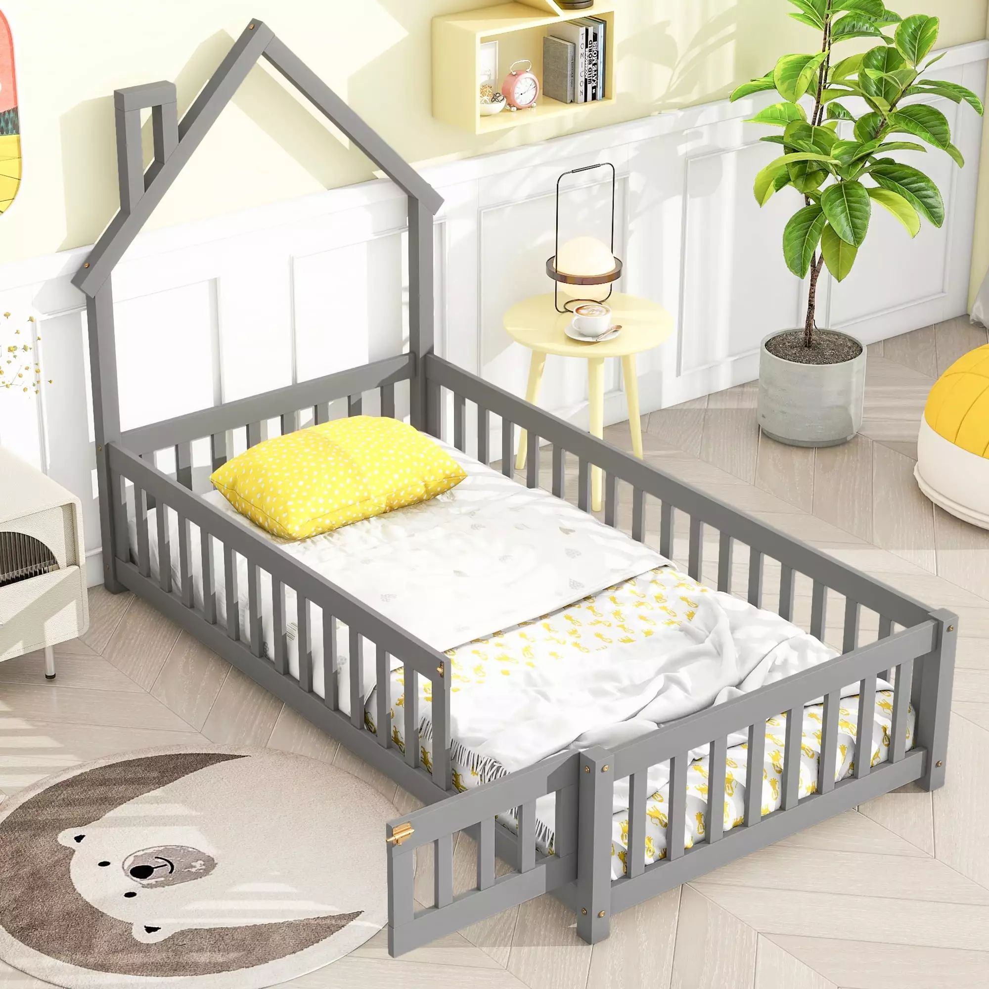 uhomepro Twin Floor Bed Frame Toddlers - Gray Wood Beds Fence and Door