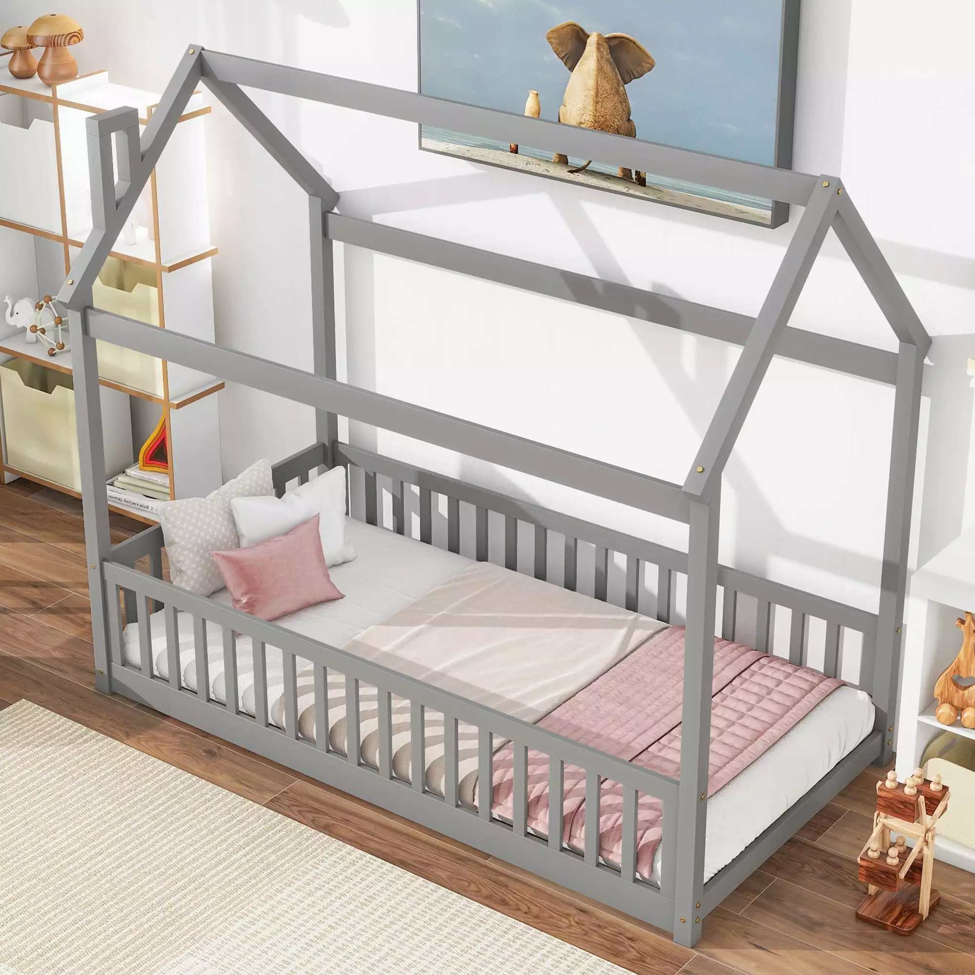 uhomepro Twin Houtilize Bed Fence Floor Toddler Twin Bed Frame Wood Slats Support Kid Beds Girls Boys Gray