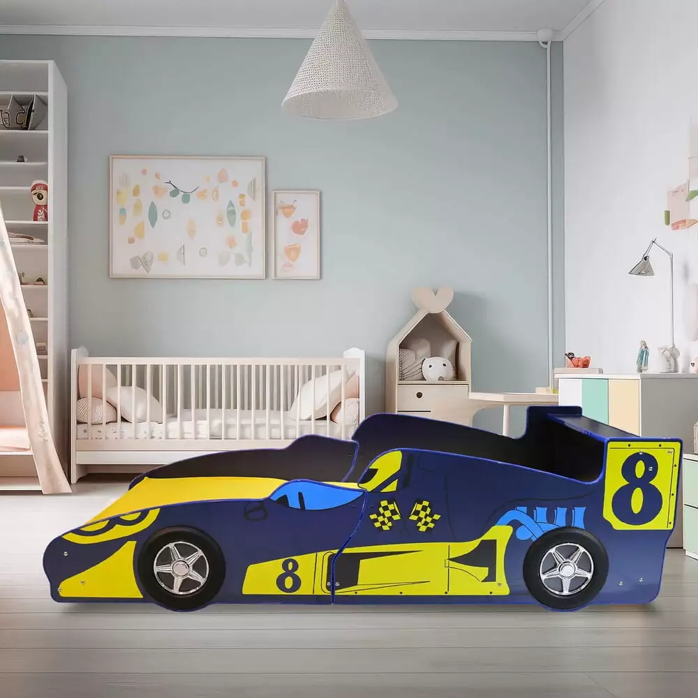 Twin Size Toddler Bed Formula1 Racing Car Bed Frame 3D Wheels - Blue WLVOS