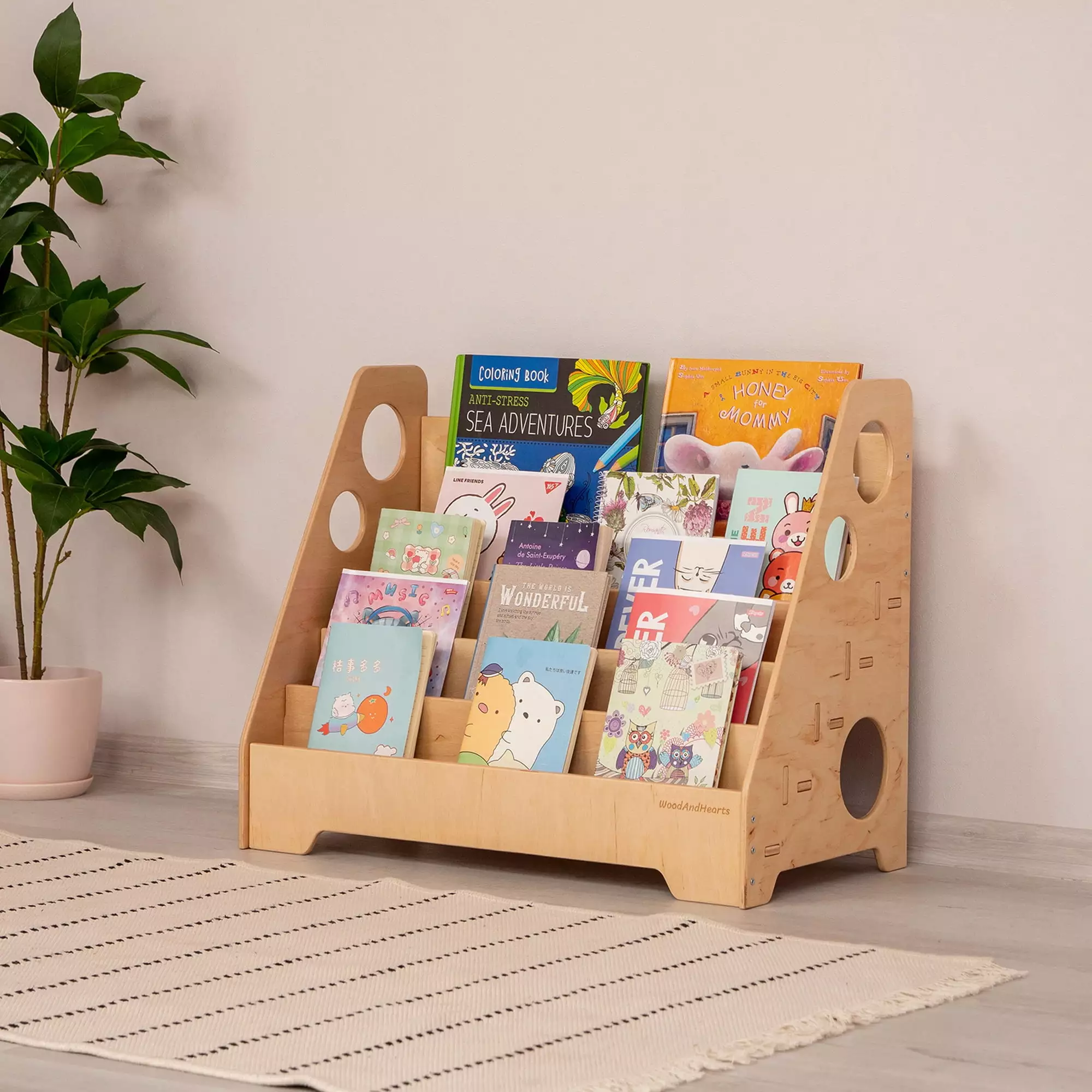 Woodandhearts Floor Kids Bookshelf - Montessori Toddler Wood Bookcase Children 1-6 Years