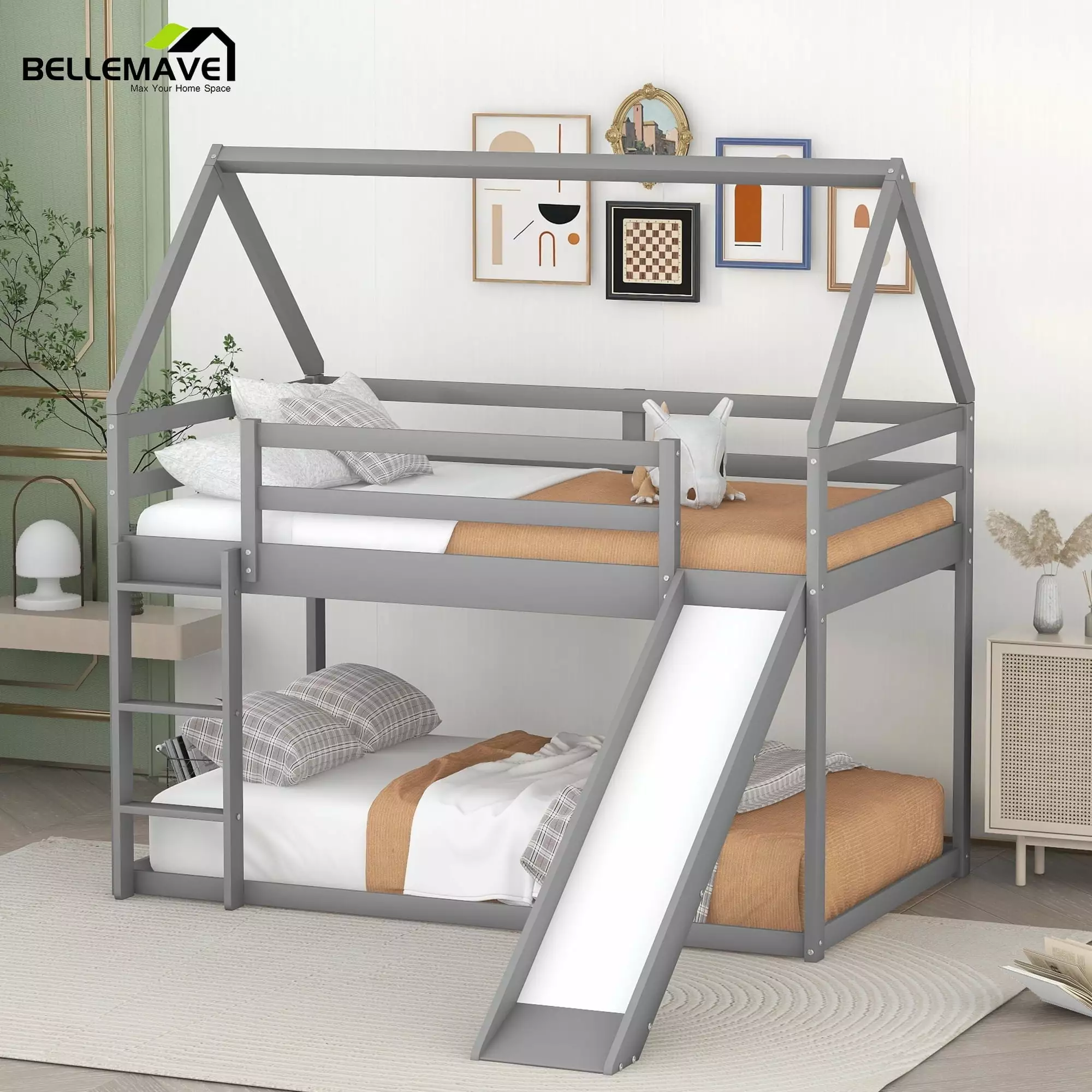Bellemave Wood Twin Bunk Bed Slide - Floor Toddler Bunk Bed Frame Kids - Boys & Girls Bunk Bed Gray