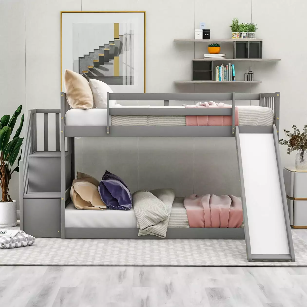 Twin over Twin Toddler Bunk Bed Convertible Slide and Stairs - Floor Bunk Beds Kids - 200LBS Capacity - Gray JINS & VICO
