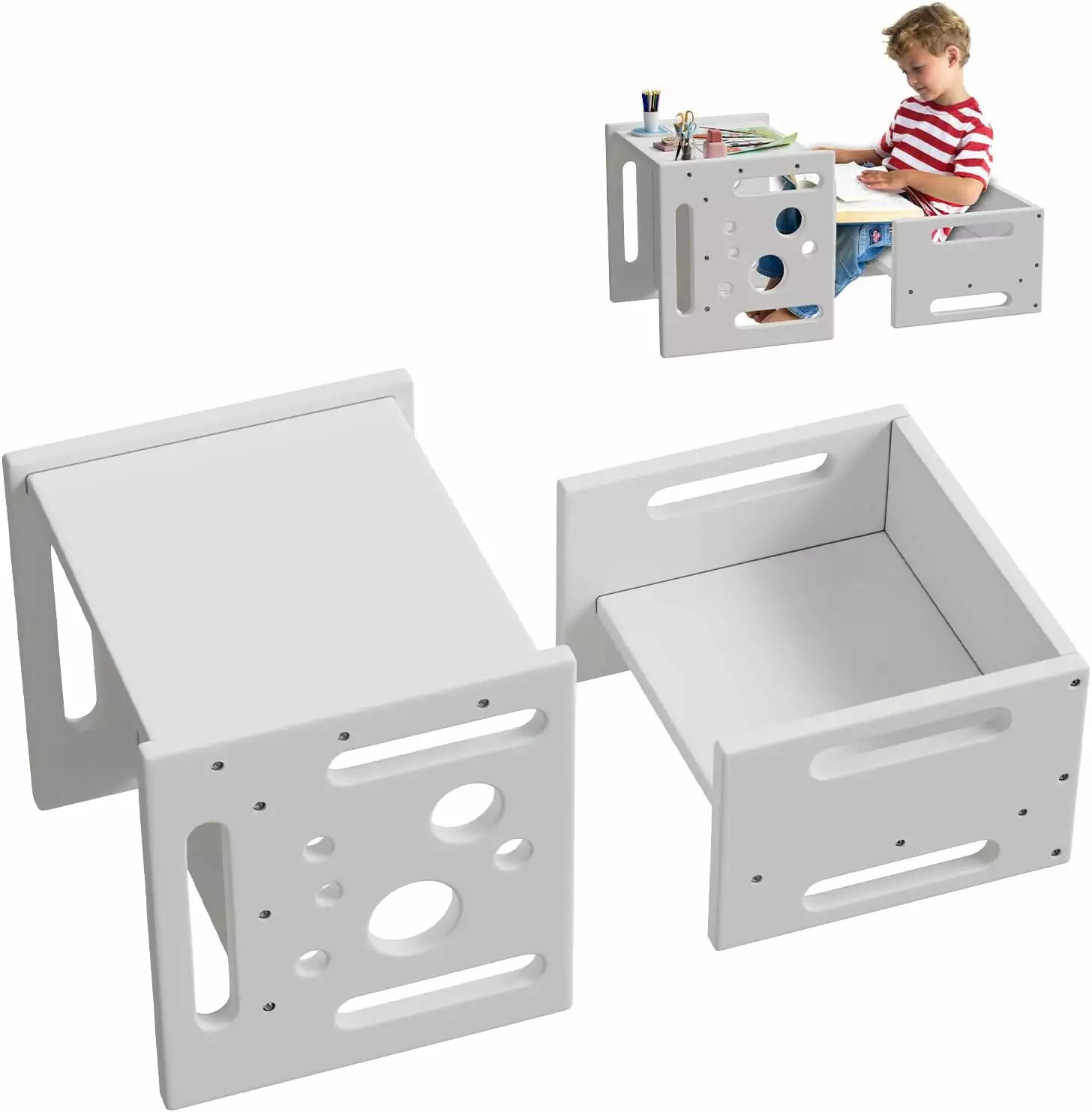 VIVISPECIAL Cube Desk and Chair Set Toddler Reading and Learning White