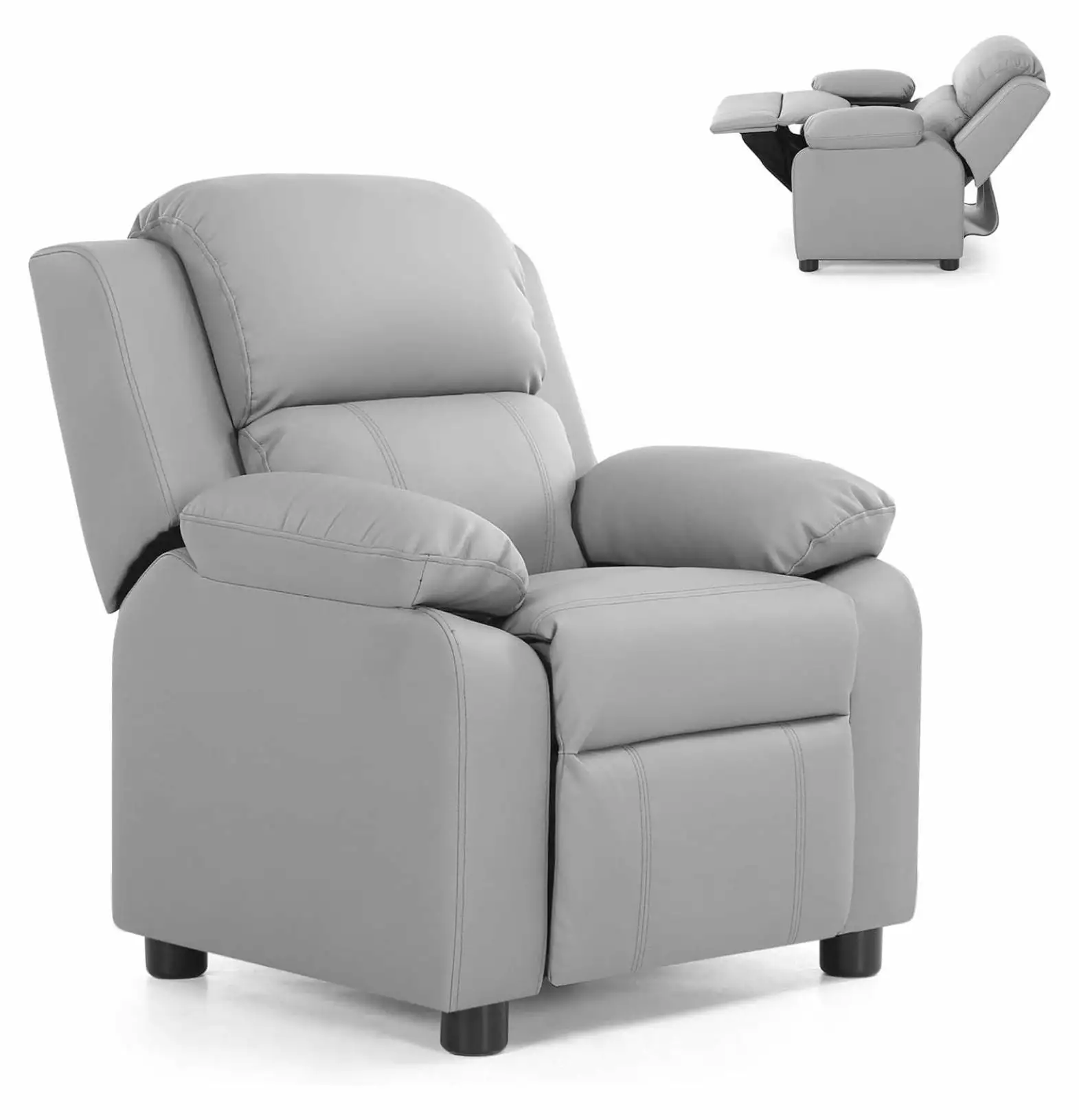 Drevy Kids Recliner Sofa Footrest and Storage Arms - Grey Toddler Furniture Boys and Girls