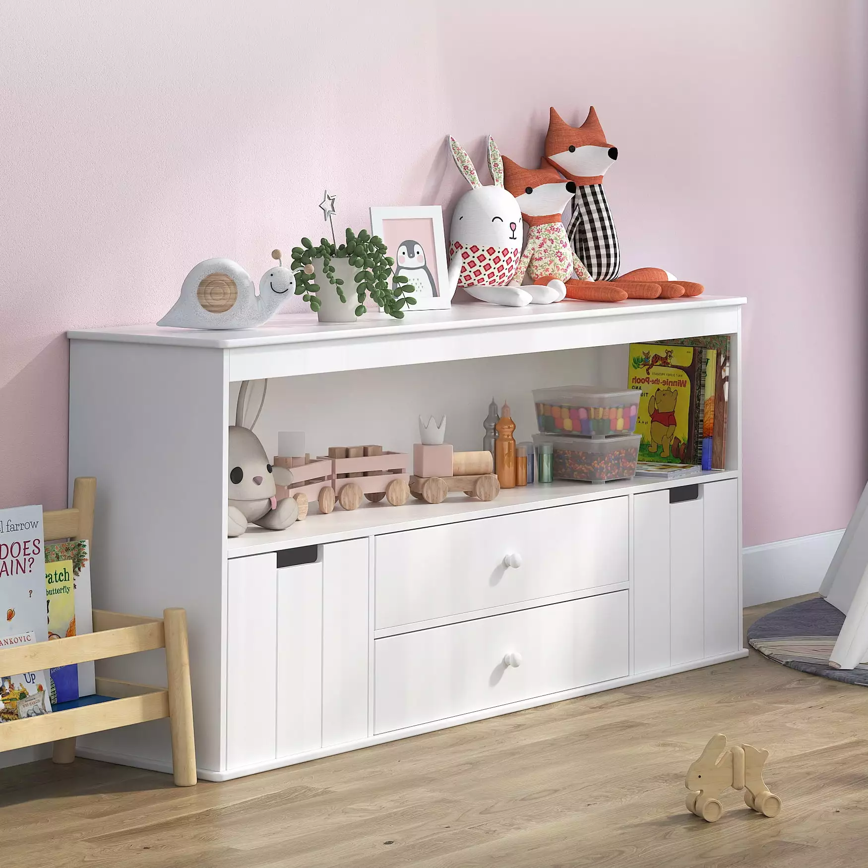 Bemico Kids Toy Storage Cabinet - White Toddlers Chest 4 Drawers Playroom or Bedroom Elephance