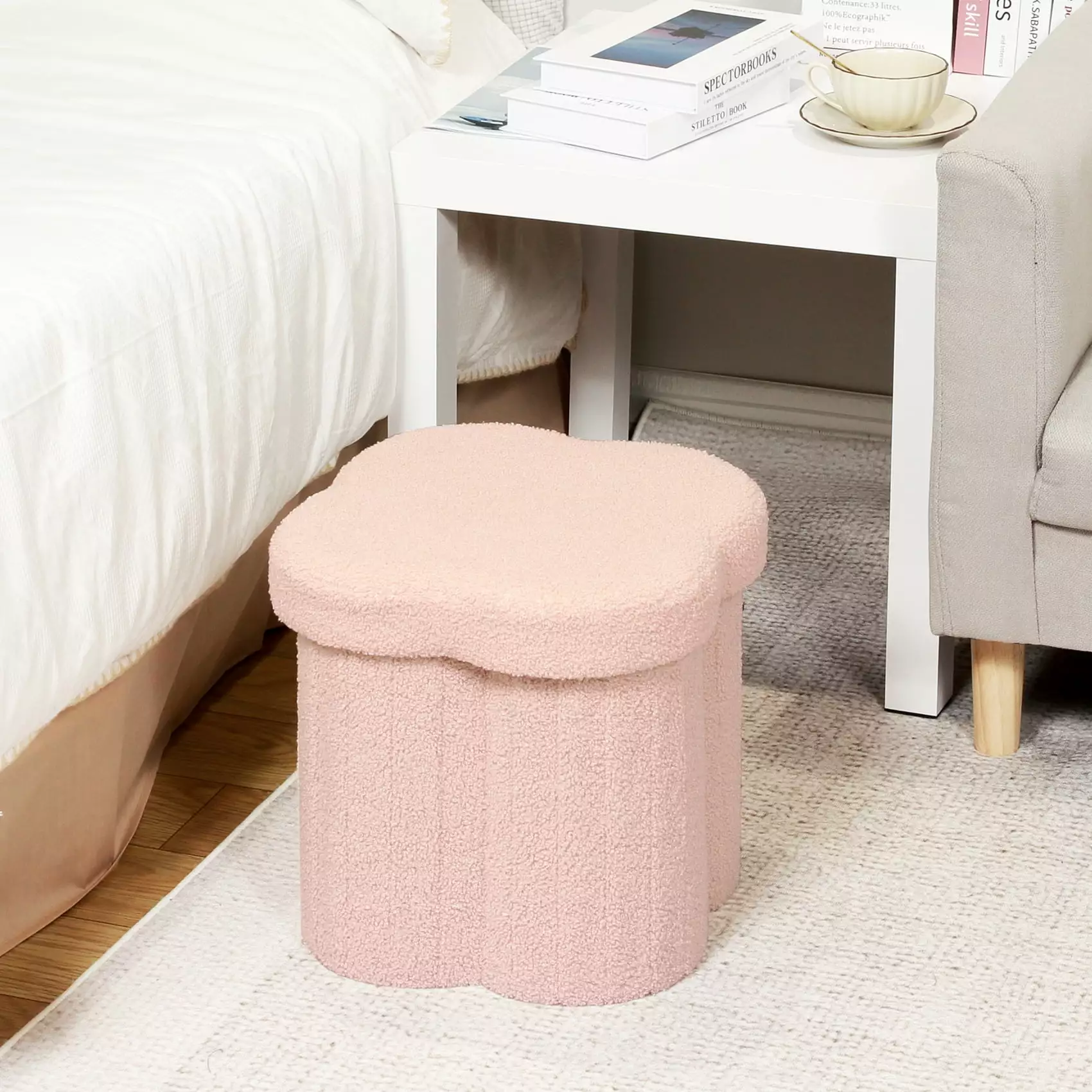 PINPLUS 12.6 Storage Ottoman Toy Chest Box Folding Footrest Stool Seat Flower Shape Sherpa Fabric Pink