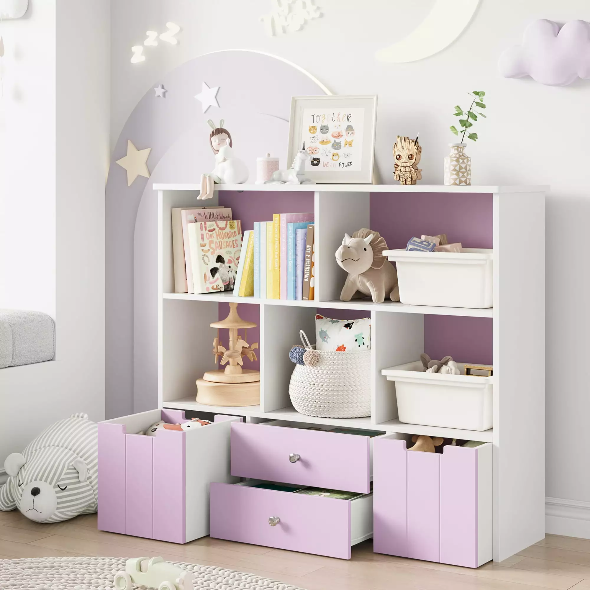 Homfa Kids Toy Storage Organizer 5 Cubby Bookcase 4 Drawers on Wheels Playroom and Nursery
