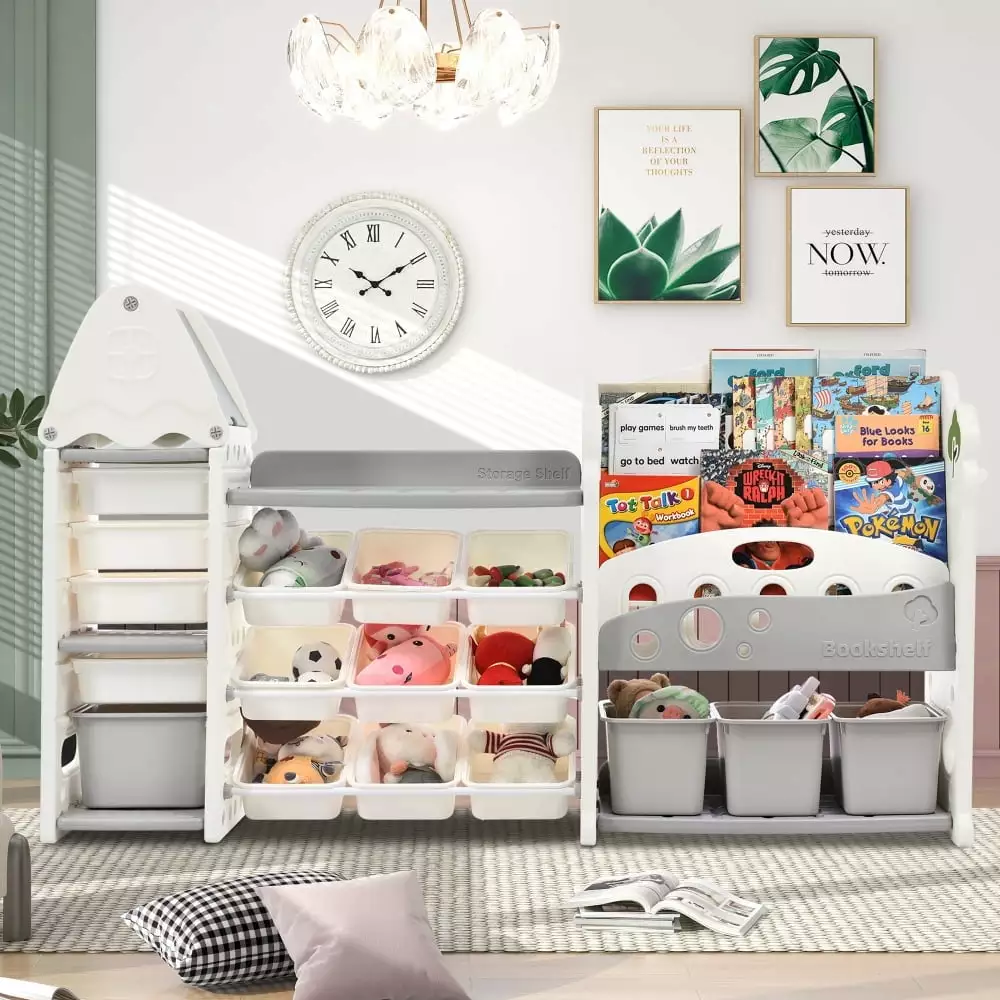 HQIT Kids Toy Storage Arranger Children Bookshelf 17 Bins 4 Bookshelves Gray